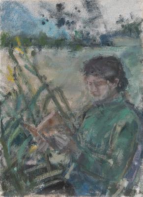 Morzg, im Garten, Frau des Künstlers lesend (Gundl Hradil)