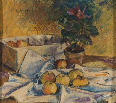 Stillleben mit Blumenstock und Äpfeln